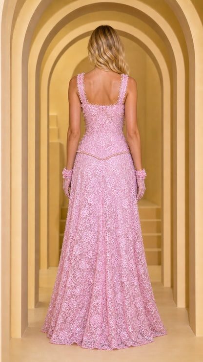 Back view of pink lace evening gown