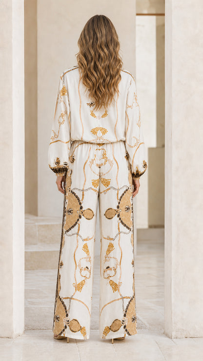 Back view of model in white barocco print set