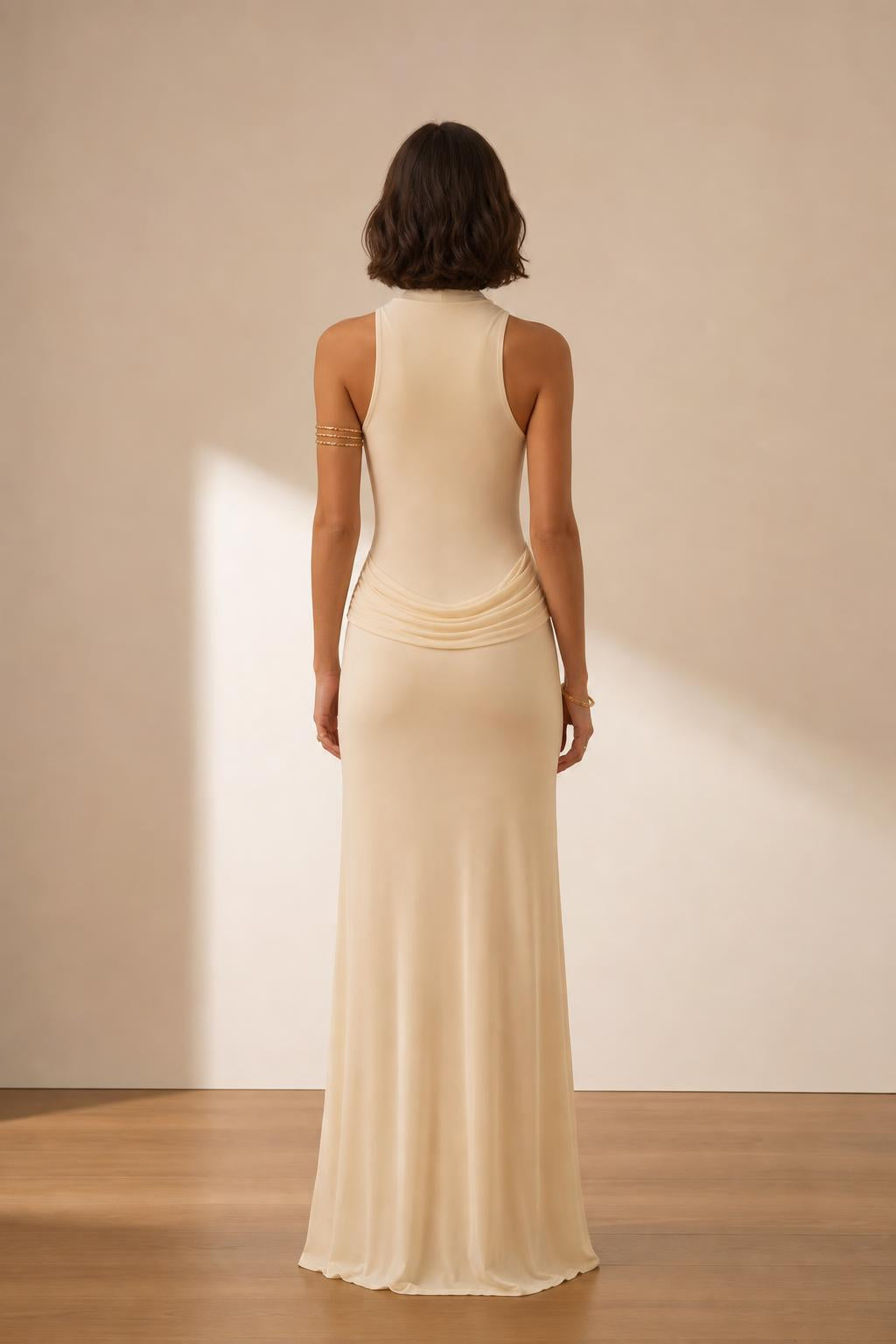 Back view of Champagne sleeveless maxi dress