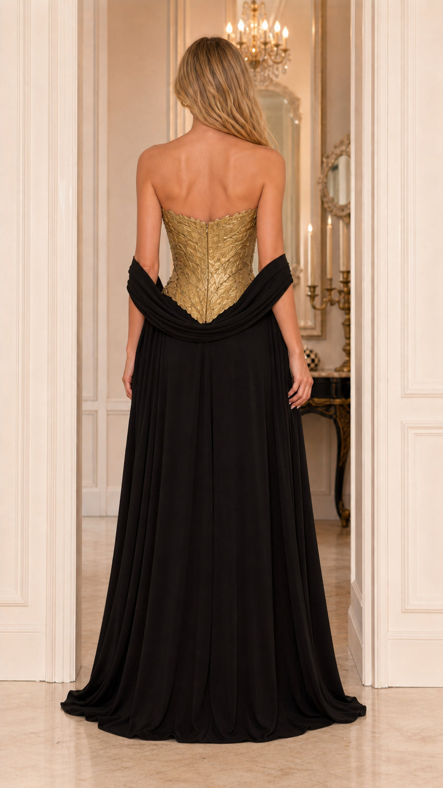 Back view of black evening gown with draped wrap