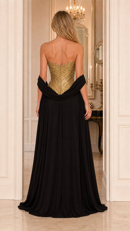 Back view of black evening gown with draped wrap