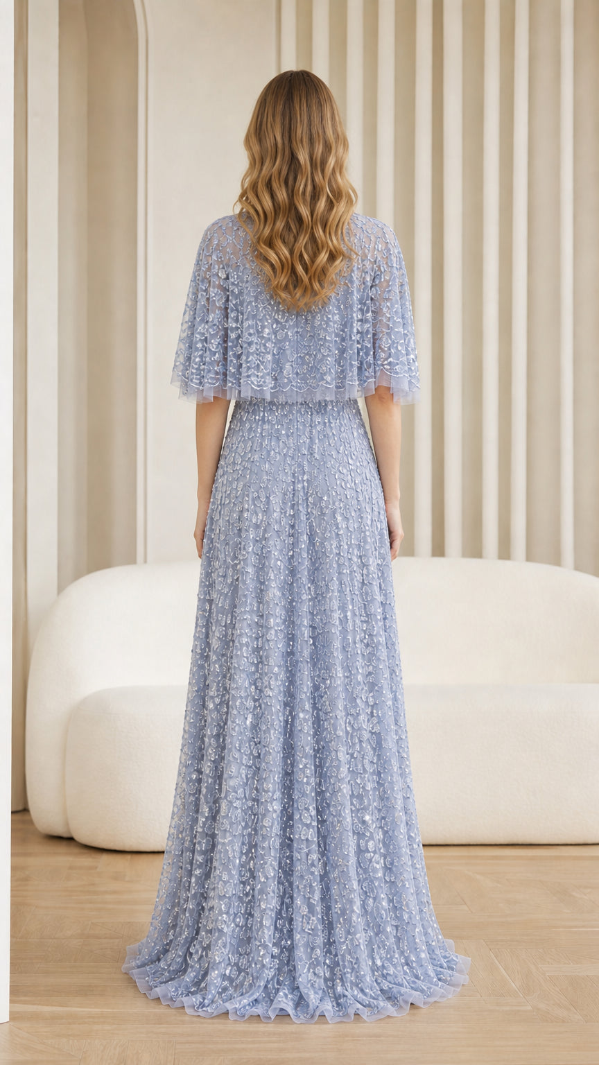 Back view of light blue sequin maxi dress
