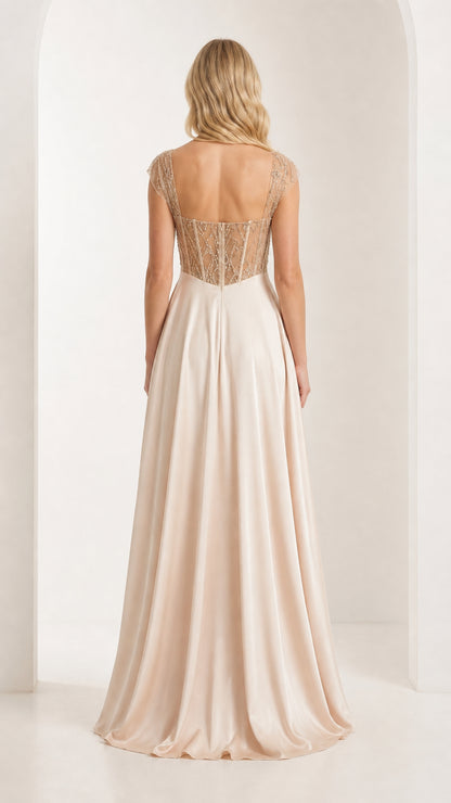Back view of champagne formal gown