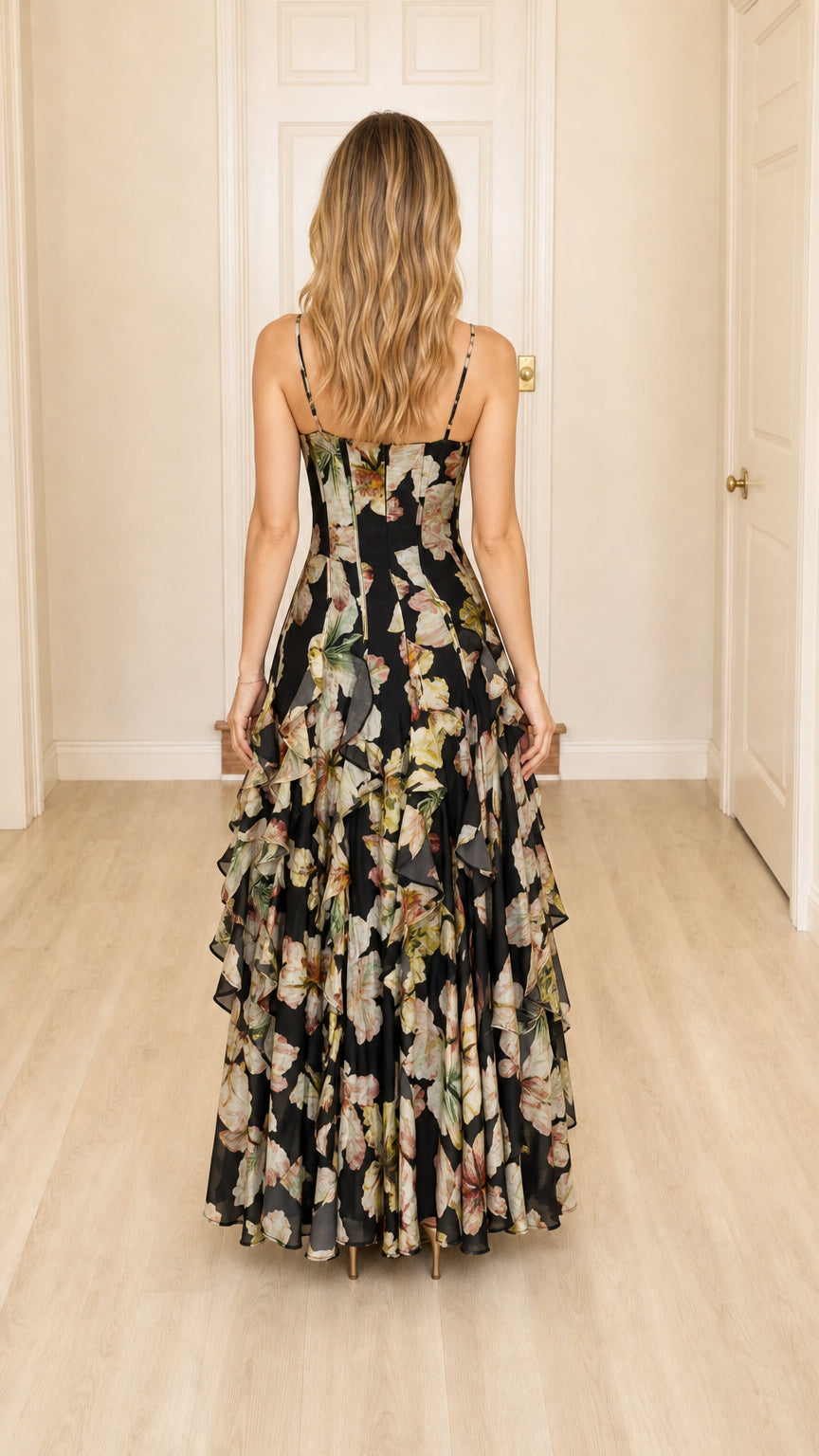 Floral Print Ruffled Cami Maxi Dress in Black back view