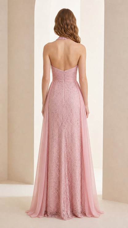 Back view of pink evening dress showing open back design