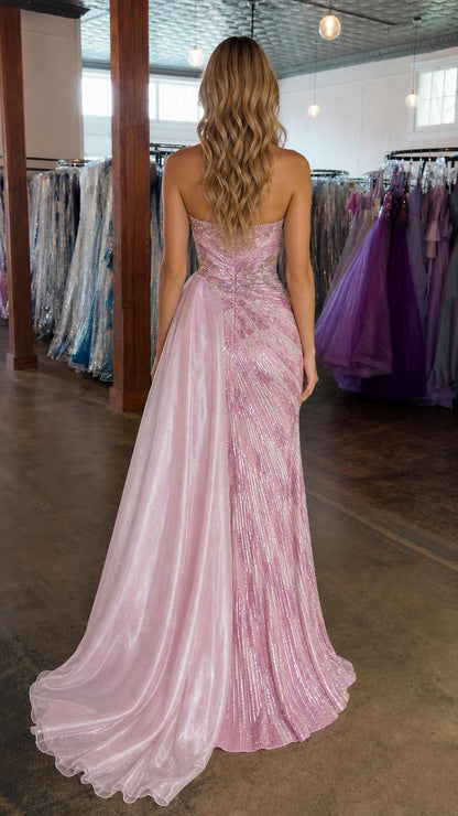 Pink formal dress back view with sweeping train