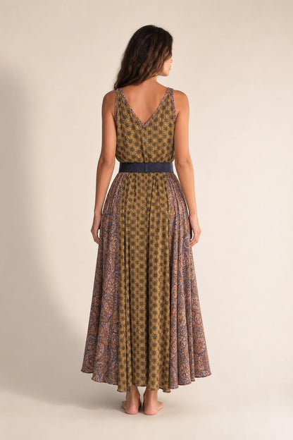 Back view of woman showcasing the fit of the mustard maxi dress