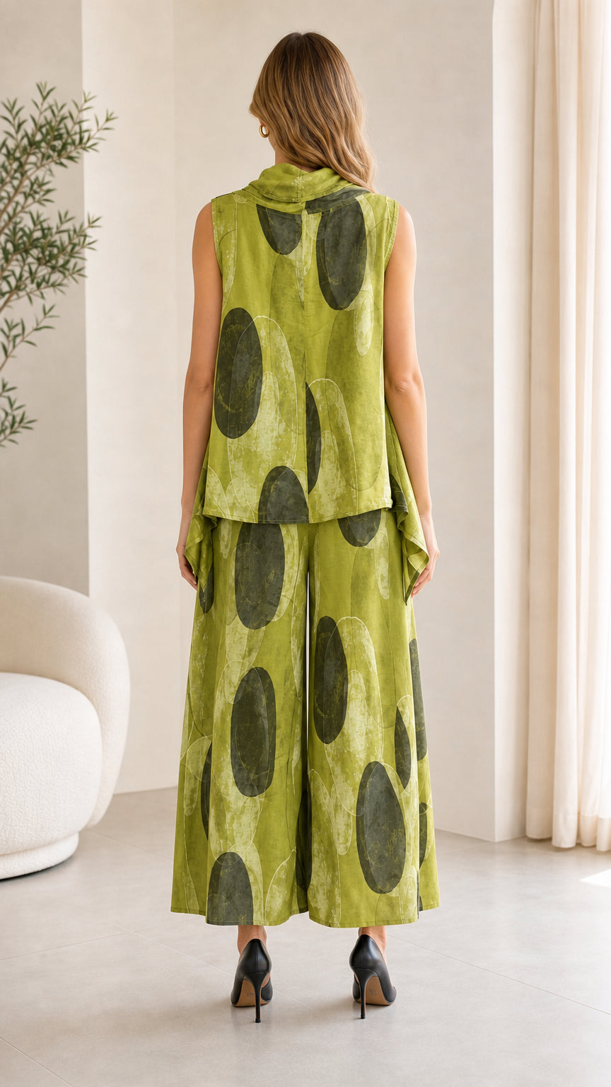 Back view of green two-piece outfit