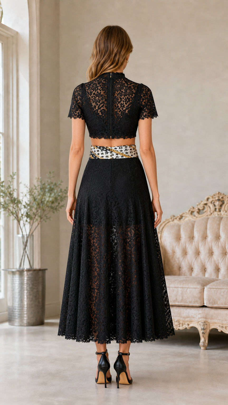 Back view of black lace two-piece set