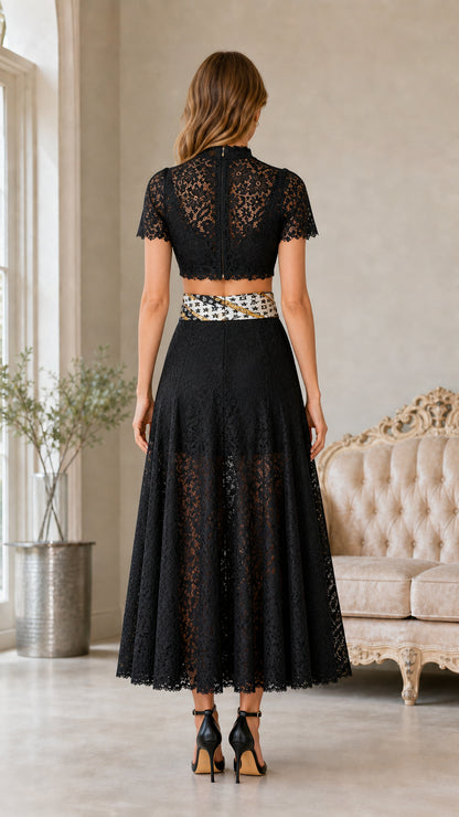 Back view of black lace two-piece set