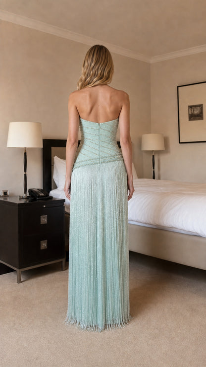Back view of mint strapless evening gown
