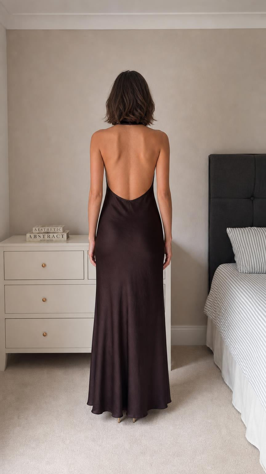 Model showing open back design of dark brown satin maxi dress