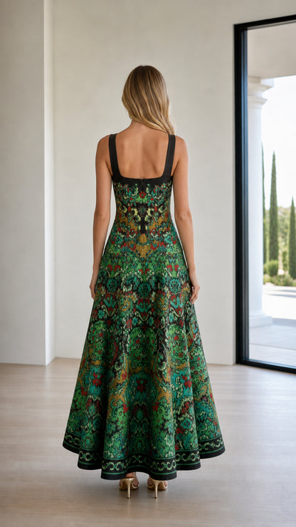 Back view of model showcasing the strap details of the green maxi dress