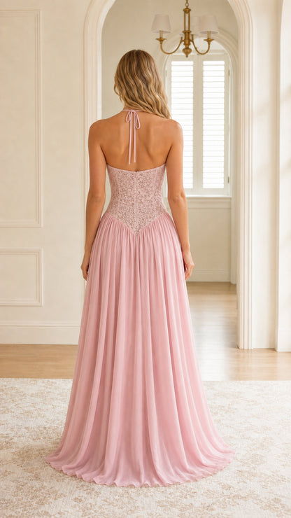 Back view of pink evening gown showing halter straps