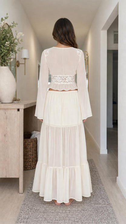 Back view of model wearing cream matching set