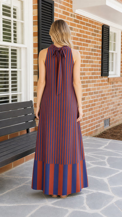 Back view showcasing tie collar detail on striped maxi dress