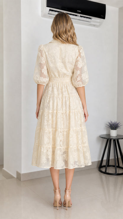 Back view of cream floral embroidered midi dress