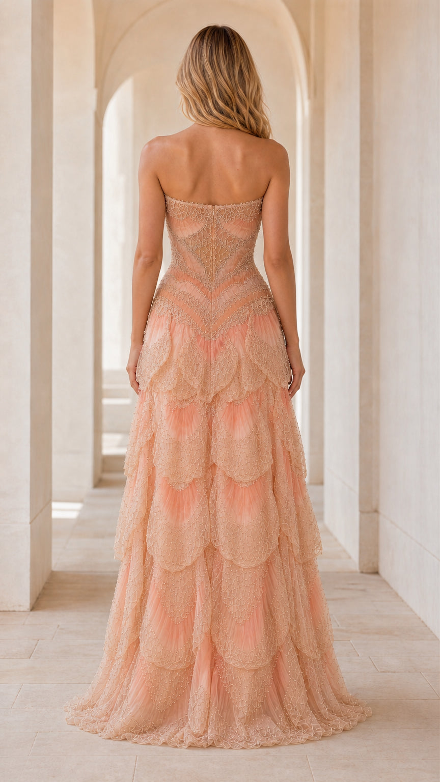 Back view of peach tiered formal dress