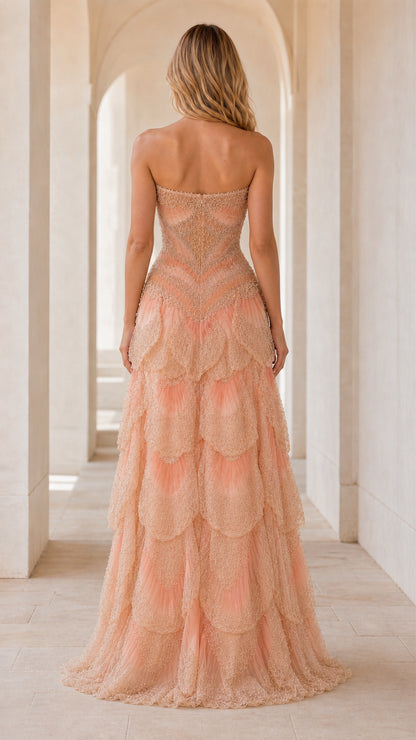 Back view of peach tiered formal dress