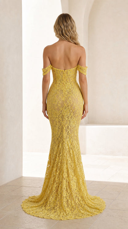 Back view of yellow lace formal dress