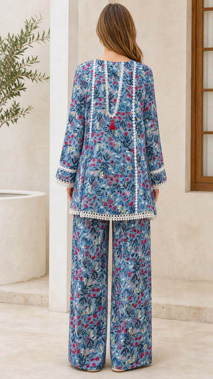 Model wearing blue floral matching set back view