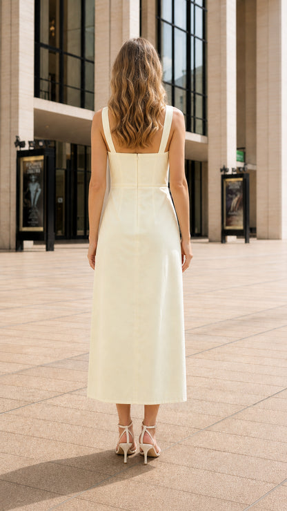 Back view of model in yellow midi dress