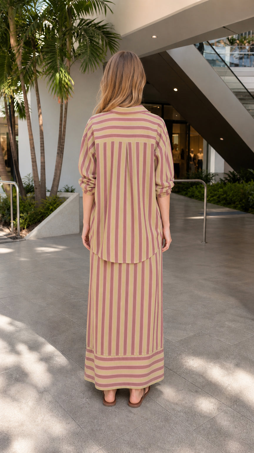 Model wearing khaki striped two-piece set, back view