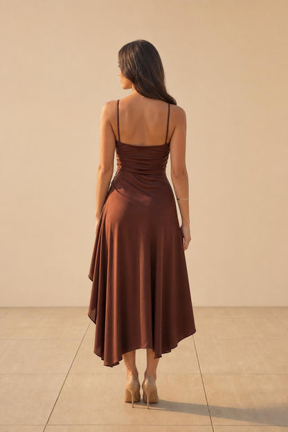 Back view of brown high-low dress