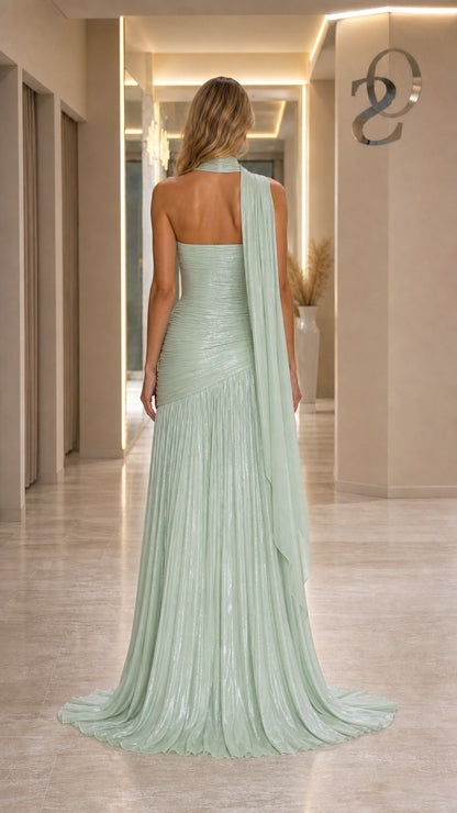 Back view of Sage Green evening gown showing sweep train