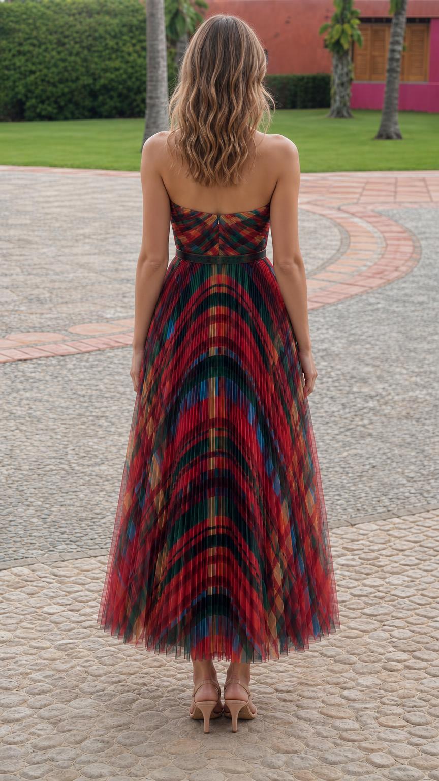 Back view of model in multi-color pleated strapless dress