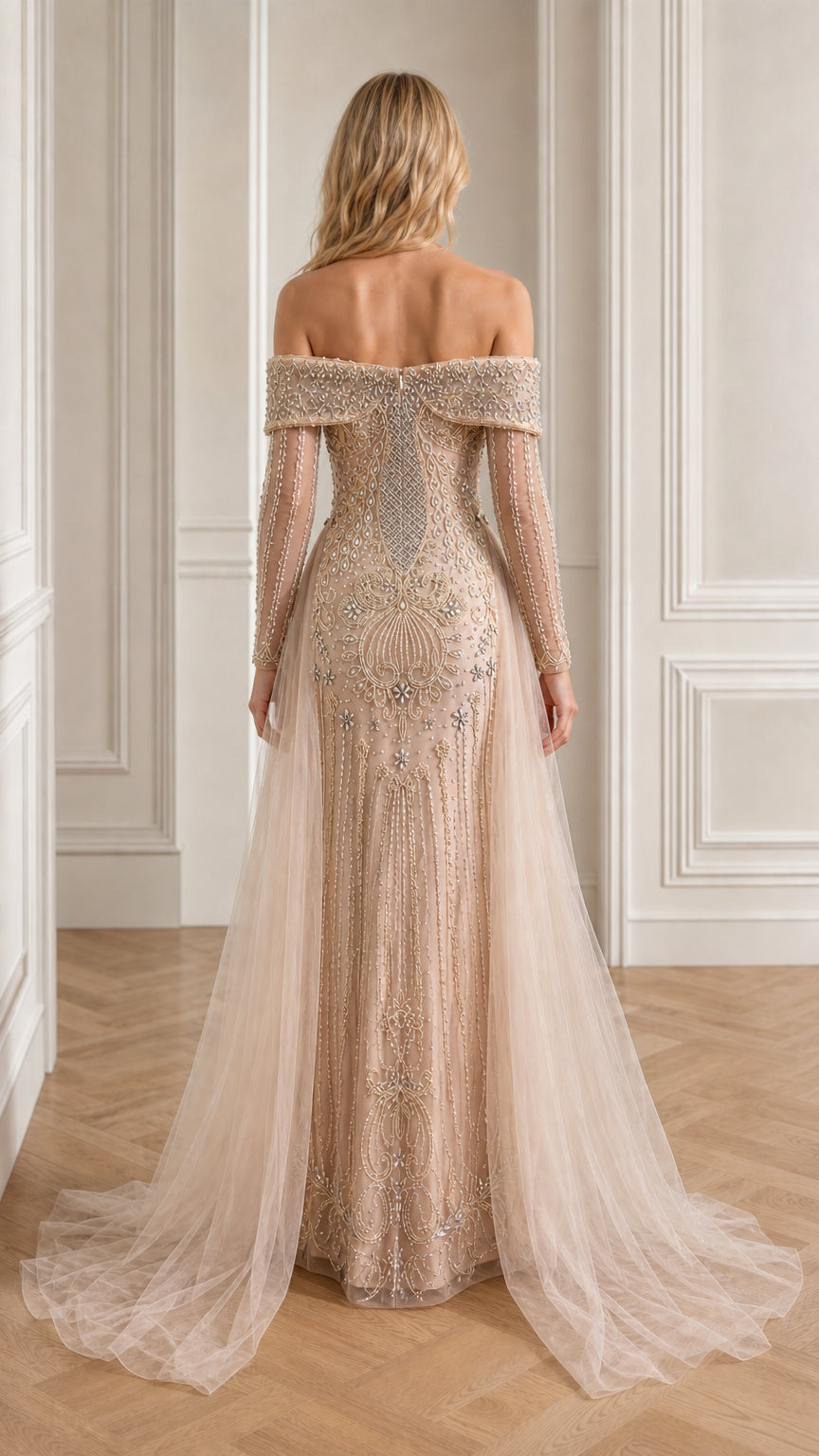 Back view showing tulle train of the champagne gown