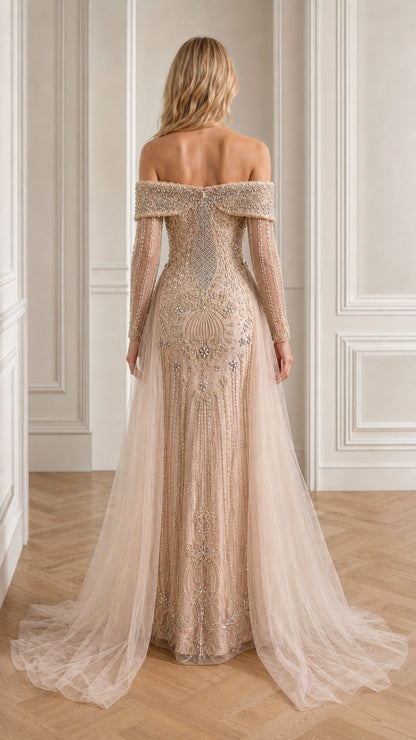 Back view showing tulle train of the champagne gown