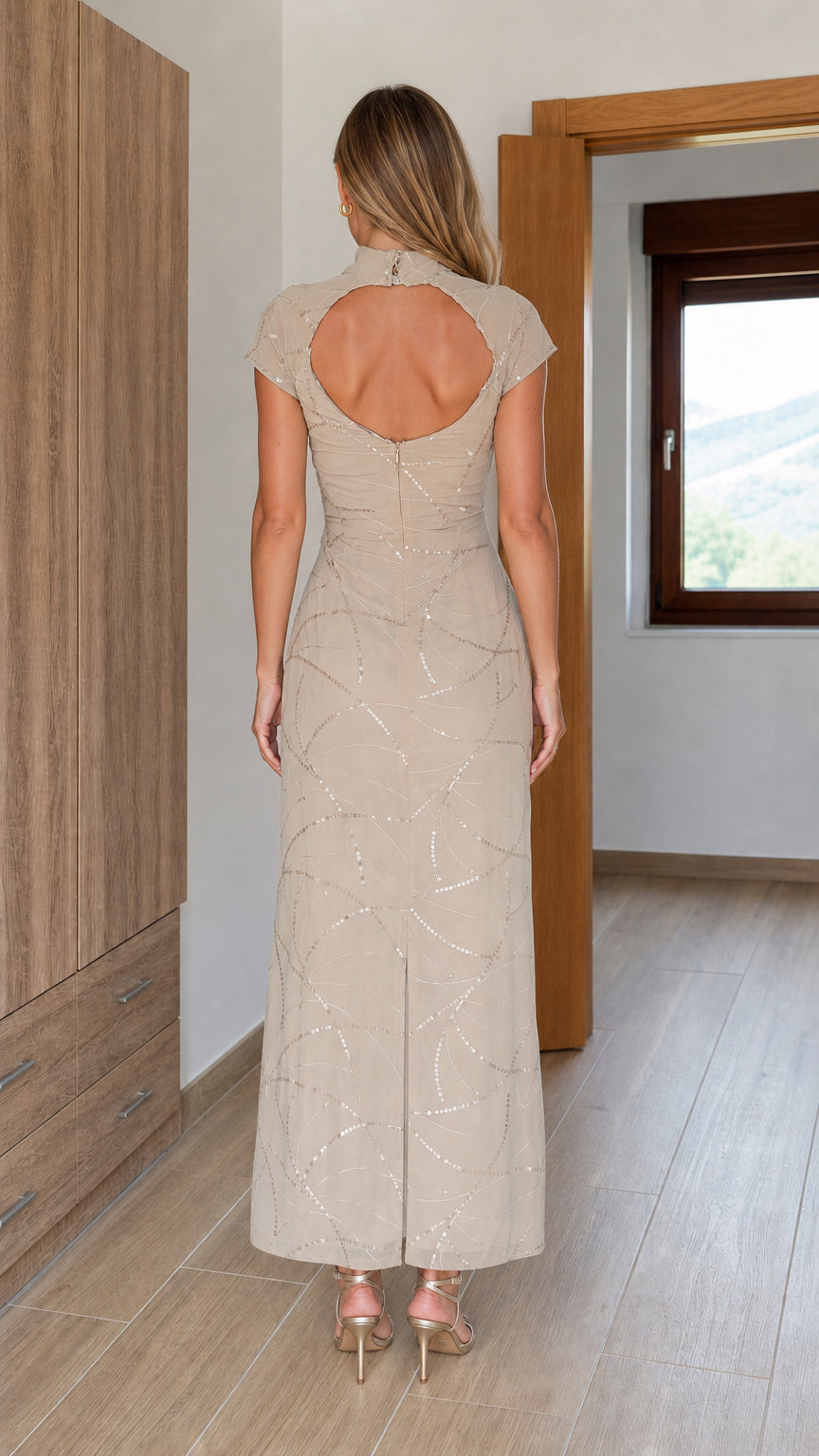 Back view showing cutout detail of maxi dress