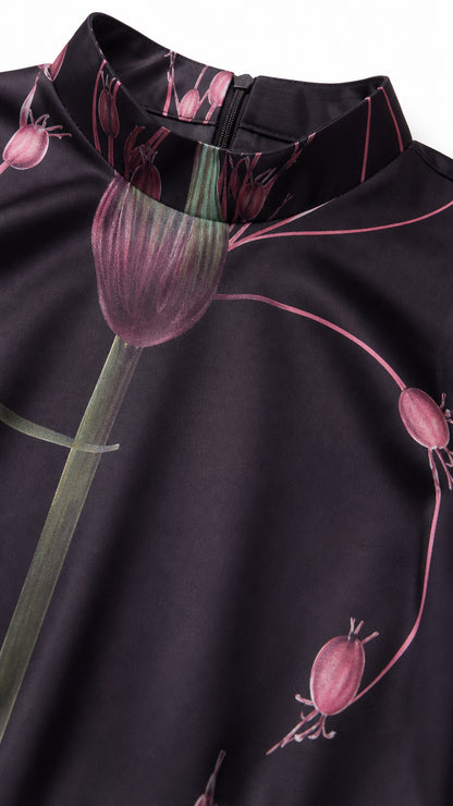 Close-up of mock neck and botanical floral print detail
