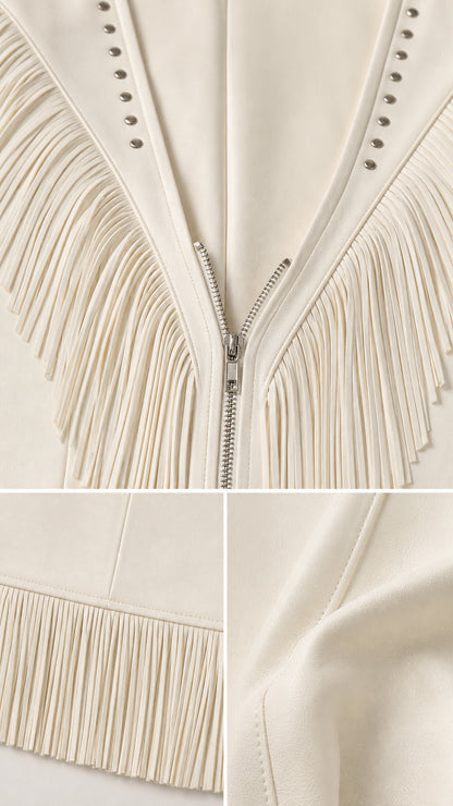Close-up details of front zipper, studs, fringe, and fabric texture