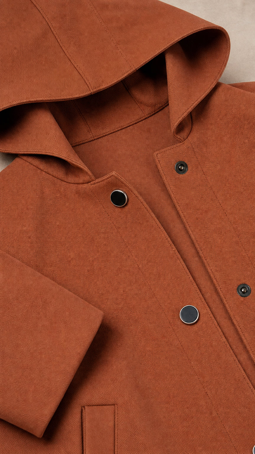 Close up of hood and snap button closure on rust coat