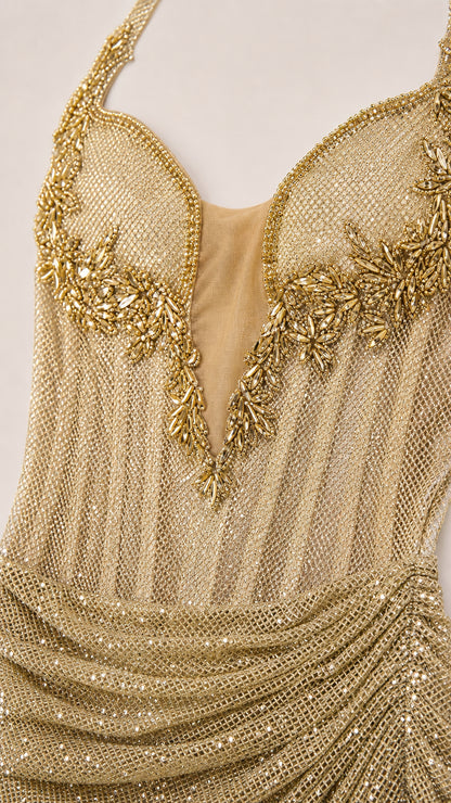 Close-up of bodice beadwork and halter straps