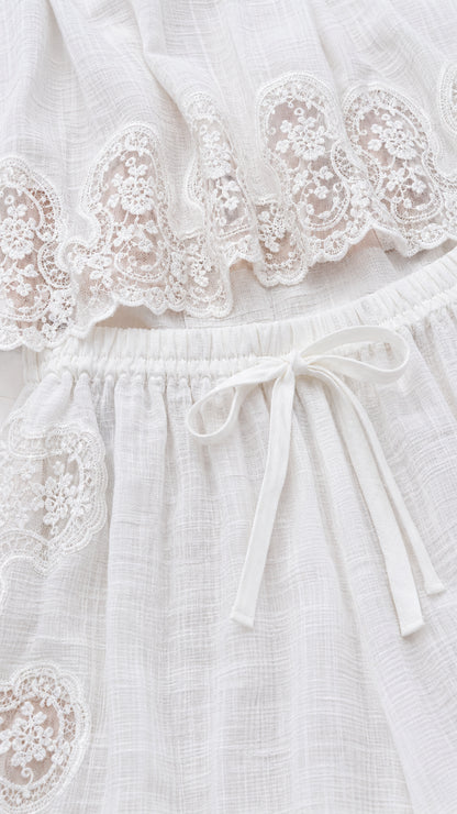 Close-up of white crochet lace trim and drawstring waistband
