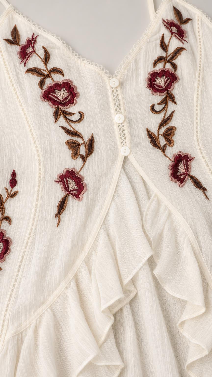Close up of white bodice with floral embroidery and button placket