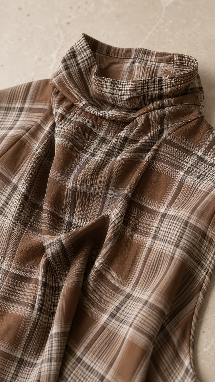 Close-up detail of brown plaid fabric and high neckline