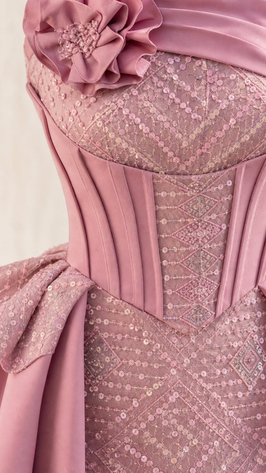 Close-up detail of structured corset bodice and floral shoulder accent