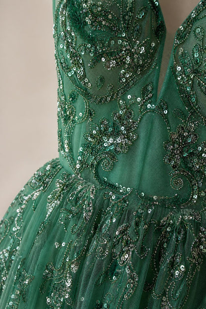 Close up of bodice embroidery on green gown
