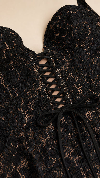 Close-up of the lace texture and back corset lacing