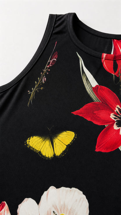 Close-up detail of the black fabric featuring red flowers and yellow butterfly