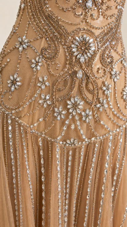 Close-up detail of crystal beadwork on the bodice