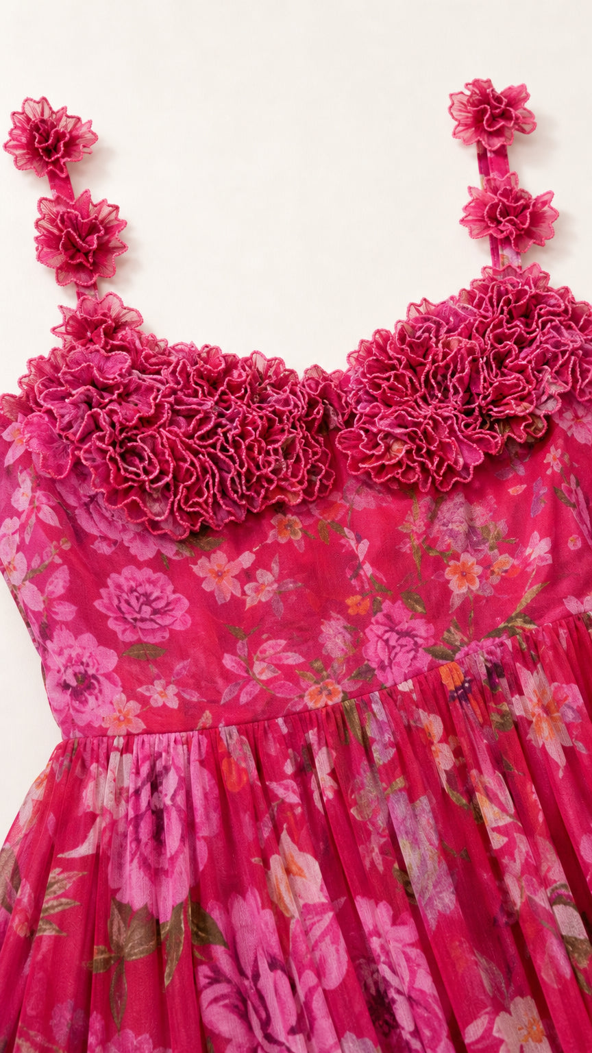 Close-up of floral ruffle applique and neckline