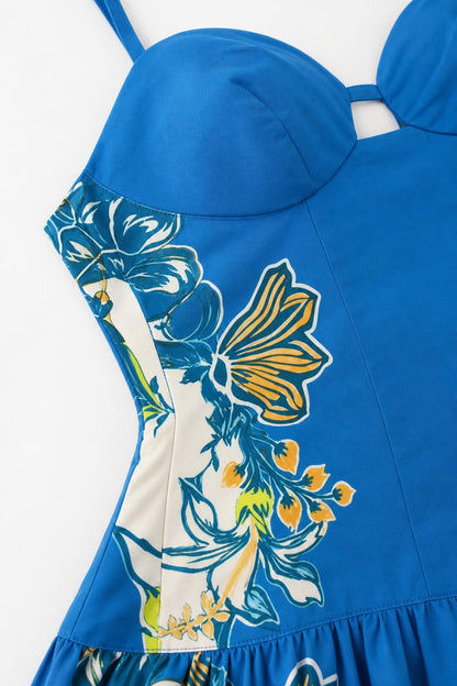 Close-up of bustier bodice and floral print detail