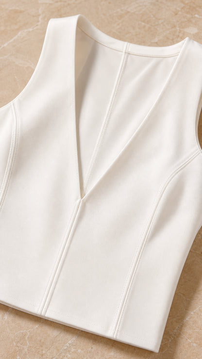 Close-up detail of white halter crop top with structural seaming