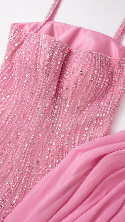 Close-up detail of the bodice embellishments and straps