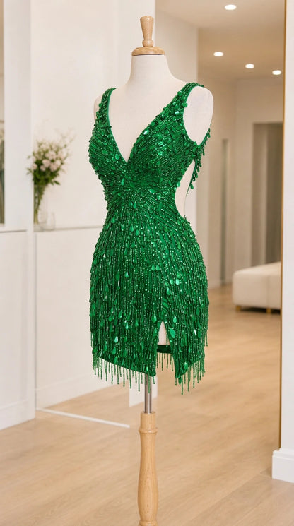Green sequin fringe mini dress displayed on a mannequin